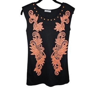 Muchacha Black Shoulder Pads Orange Detail Korean Sleeveles Top XS/S Women's